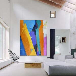 Large Wall Art Abstract Painting,Orange Abstract Painting,Blue Painting,Blue Abstract Painting,Yellow Textured Painting,Minimalist Painting image 3