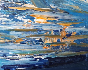港の夕日　夏　風景油絵　アクリル 油絵 絵画 【夕日の海】 - HR | minne 国内最大級の