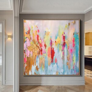 Large Pink Abstract Oil Painting Gold Leaf Textured Canvas Art Pink ...