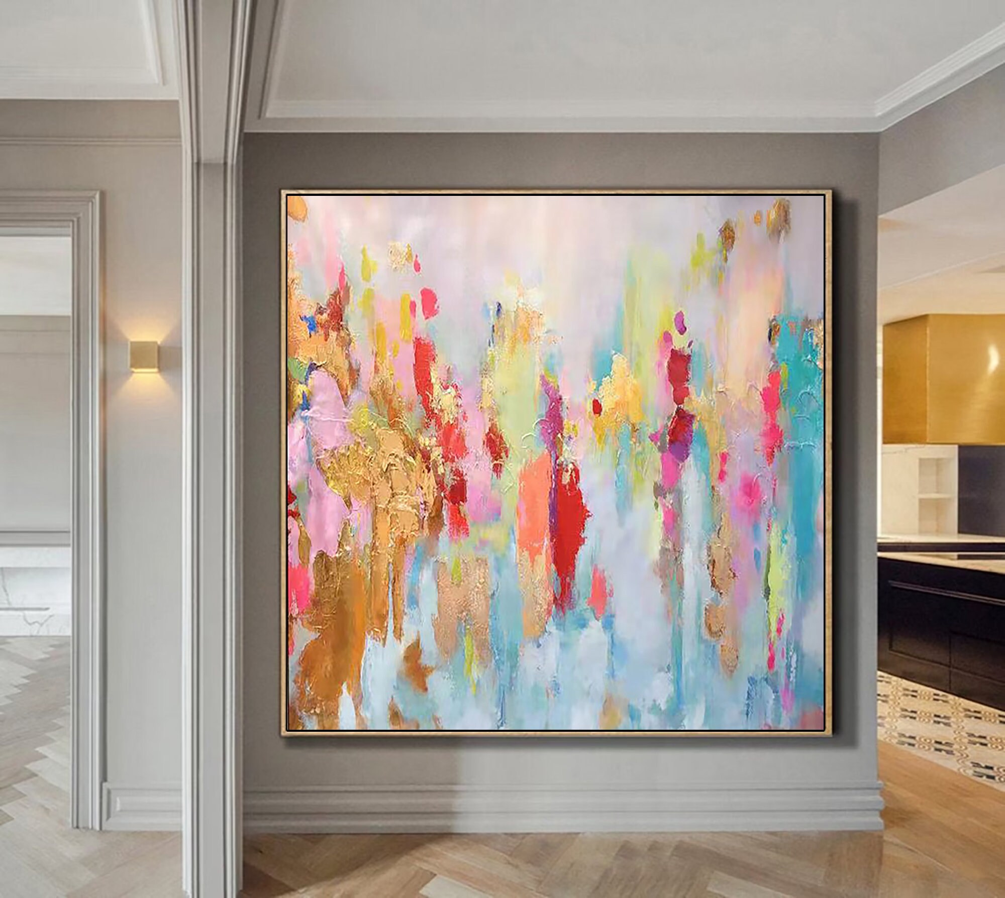 Large Pink Abstract Oil Painting Gold Leaf Textured Canvas Art Pink ...
