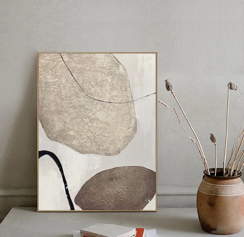 Original Neutral Minimalist Living Room Wall Art Beige White Abstract ...
