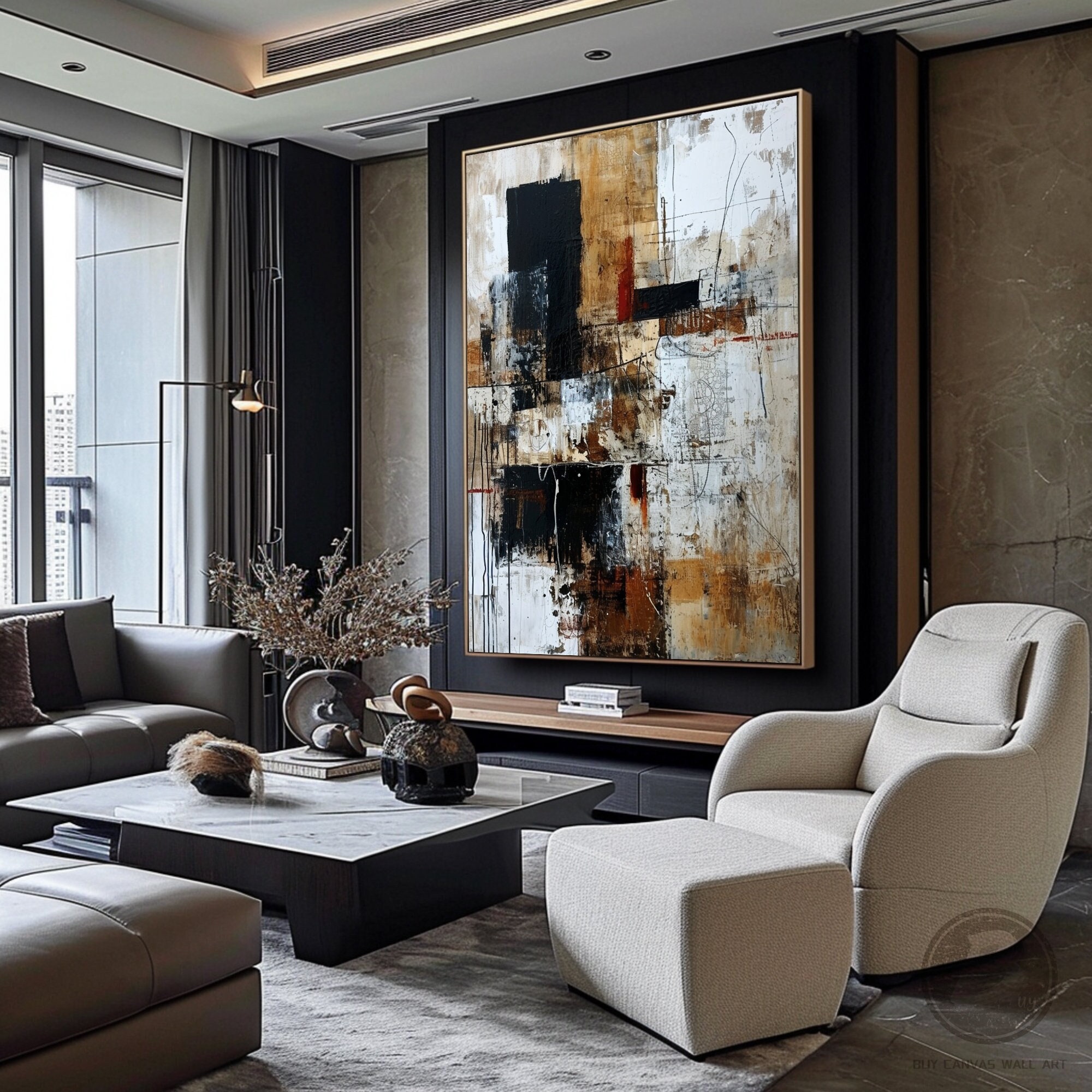 Wabi Sabi Wall Art Light Brown Minimalist Abstract Painting Black White ...