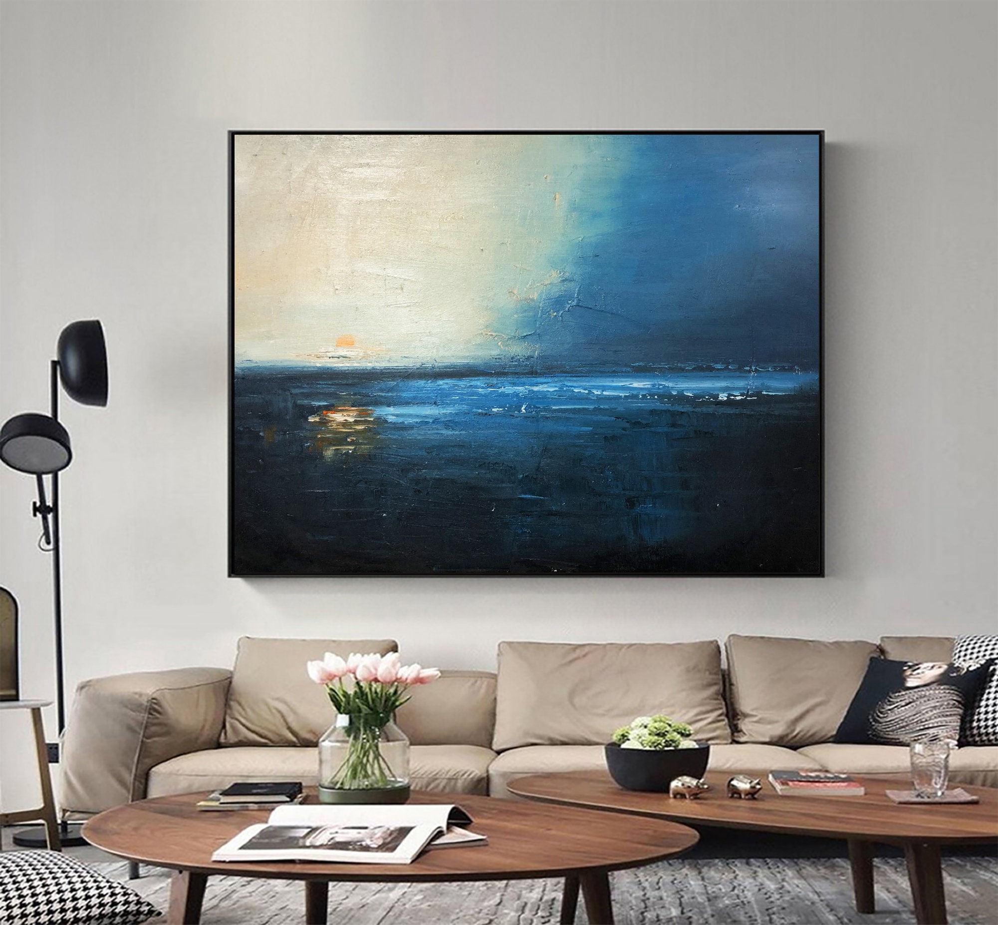 Navy Blue Ocean Abstract Oil Painting on Canvas Large Sky Landscape ...