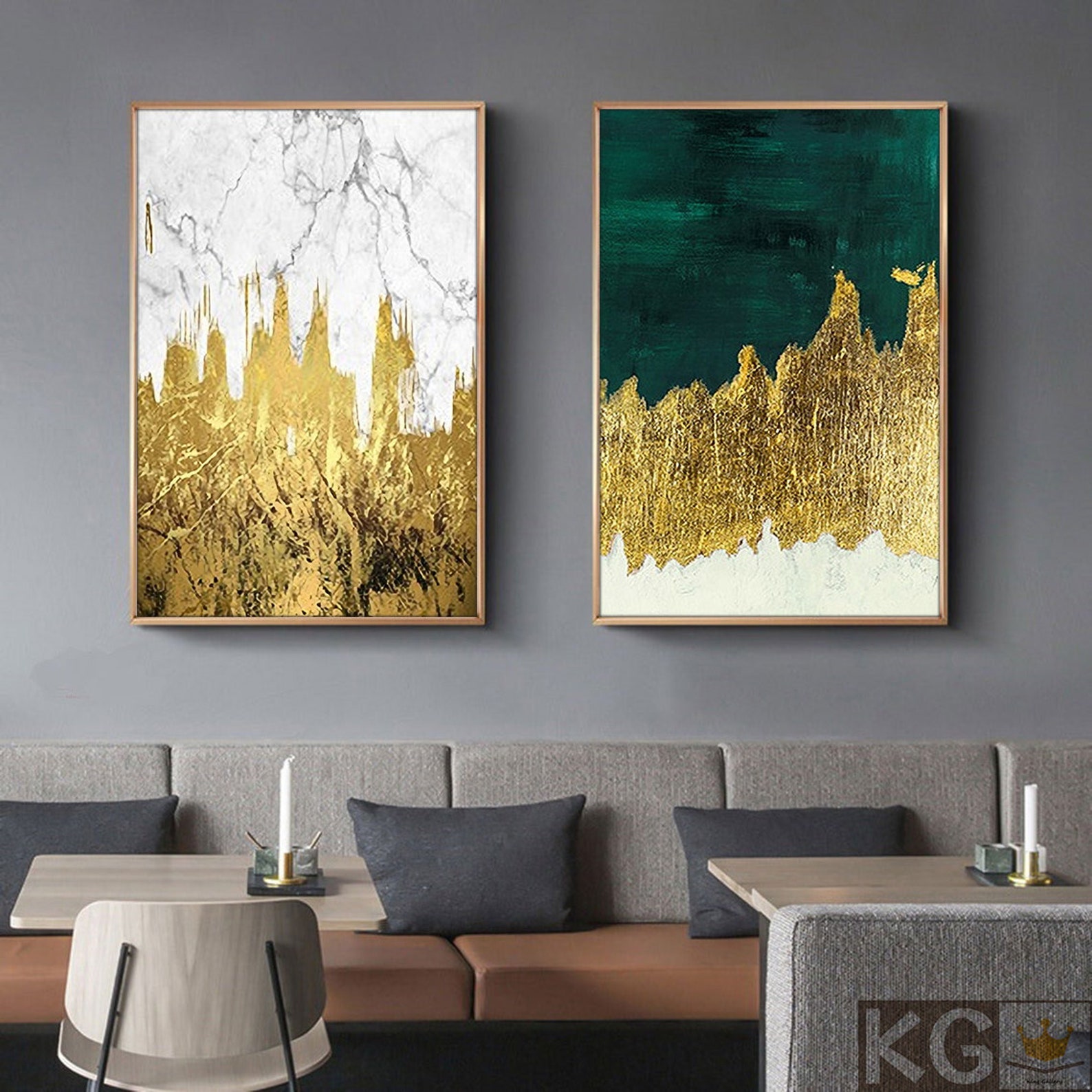 Emerald Green Abstract Painting Set of 2 White Gold Foil Etsy