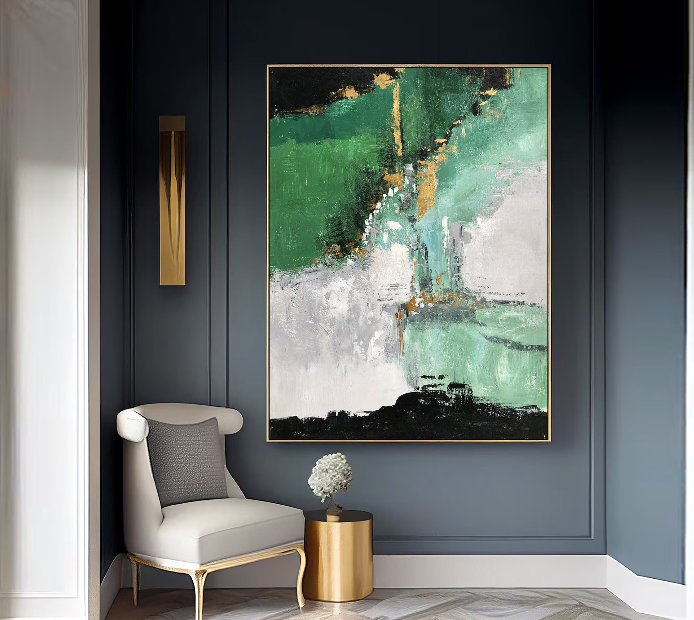 Slyart Große Wandkunst – Nordisch, Grün-weiß, Abstrakt, 70x100 Cm, Handgemalt, 3D-Textur