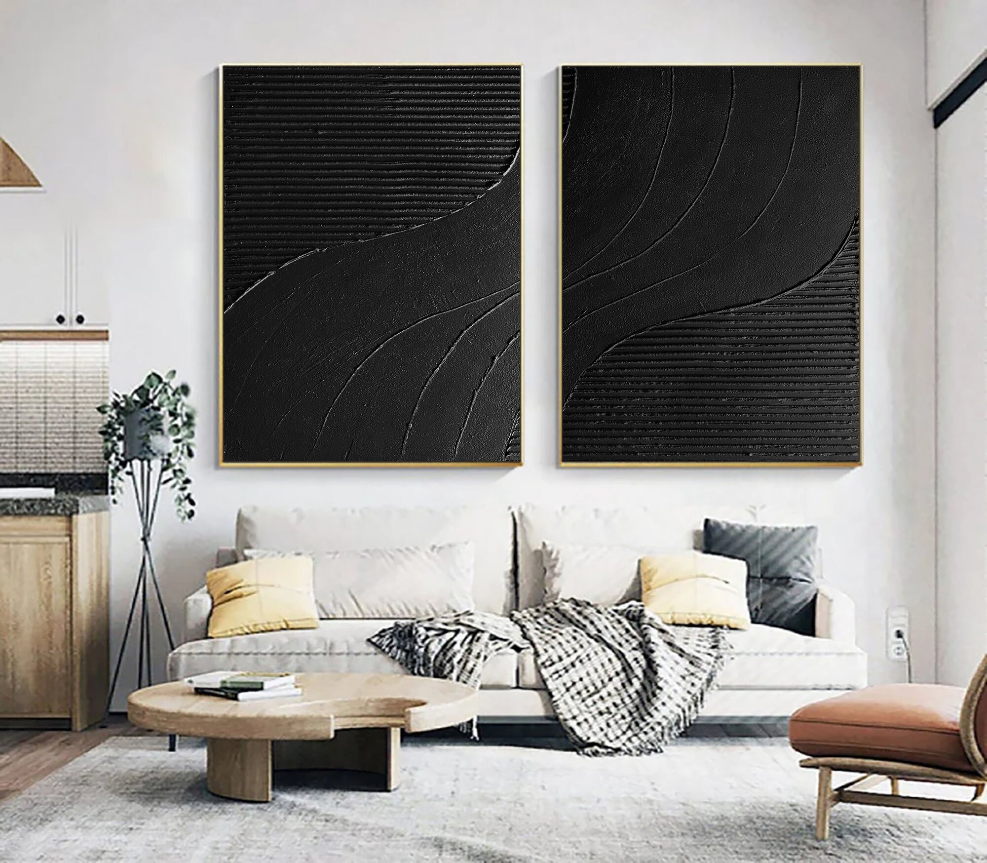 Large Black Wabi Sabi Canvas Painting Black Abstract Art Set of 2 Black ...