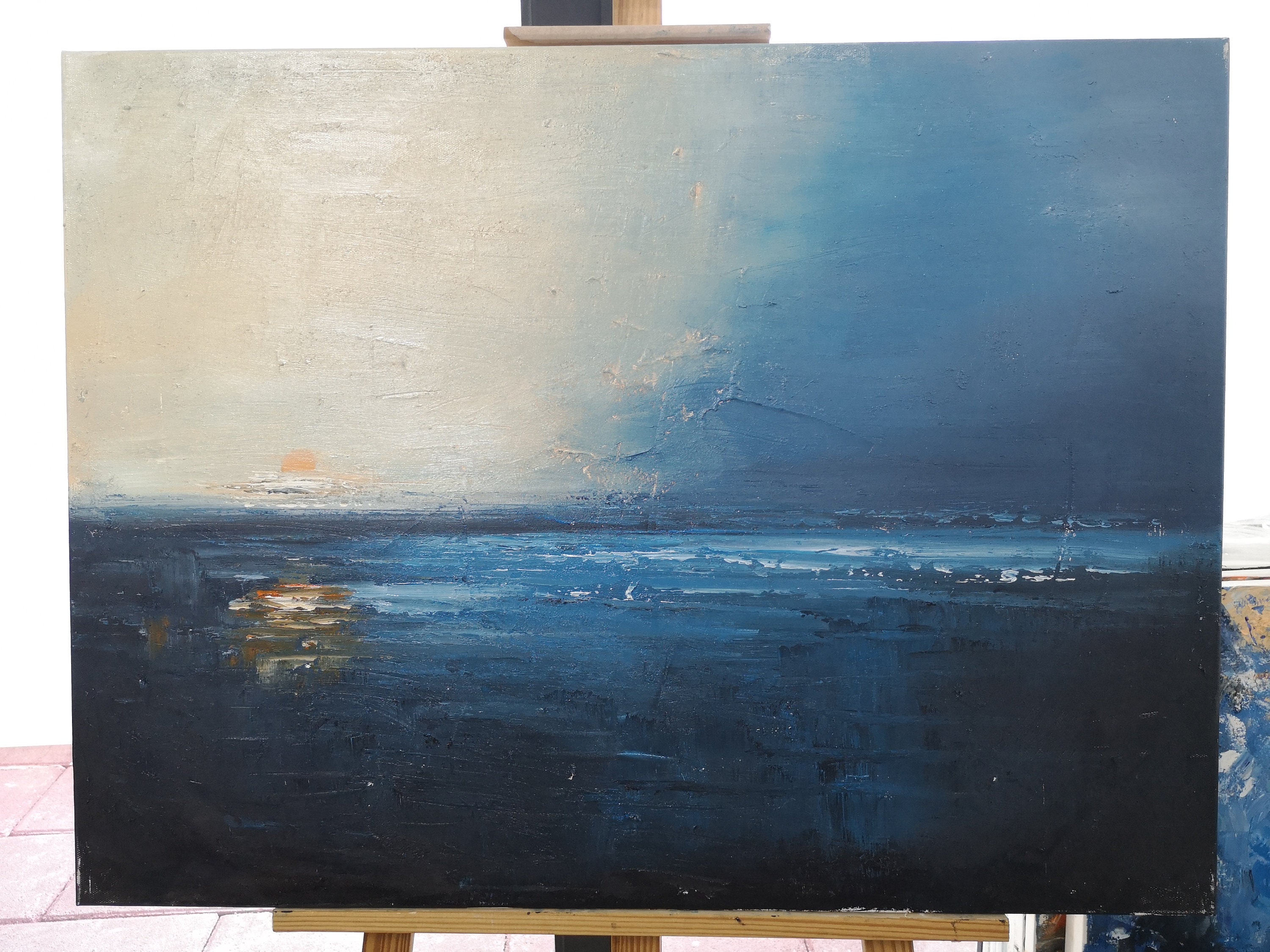 Navy Blue Ocean Abstract Oil Painting on Canvas Large Sky Landscape ...