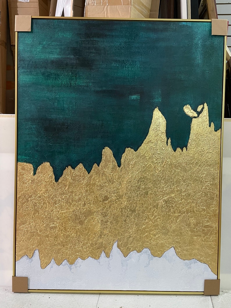 Original Abstract Gold Leaf Textured Painting Green Gold Etsy