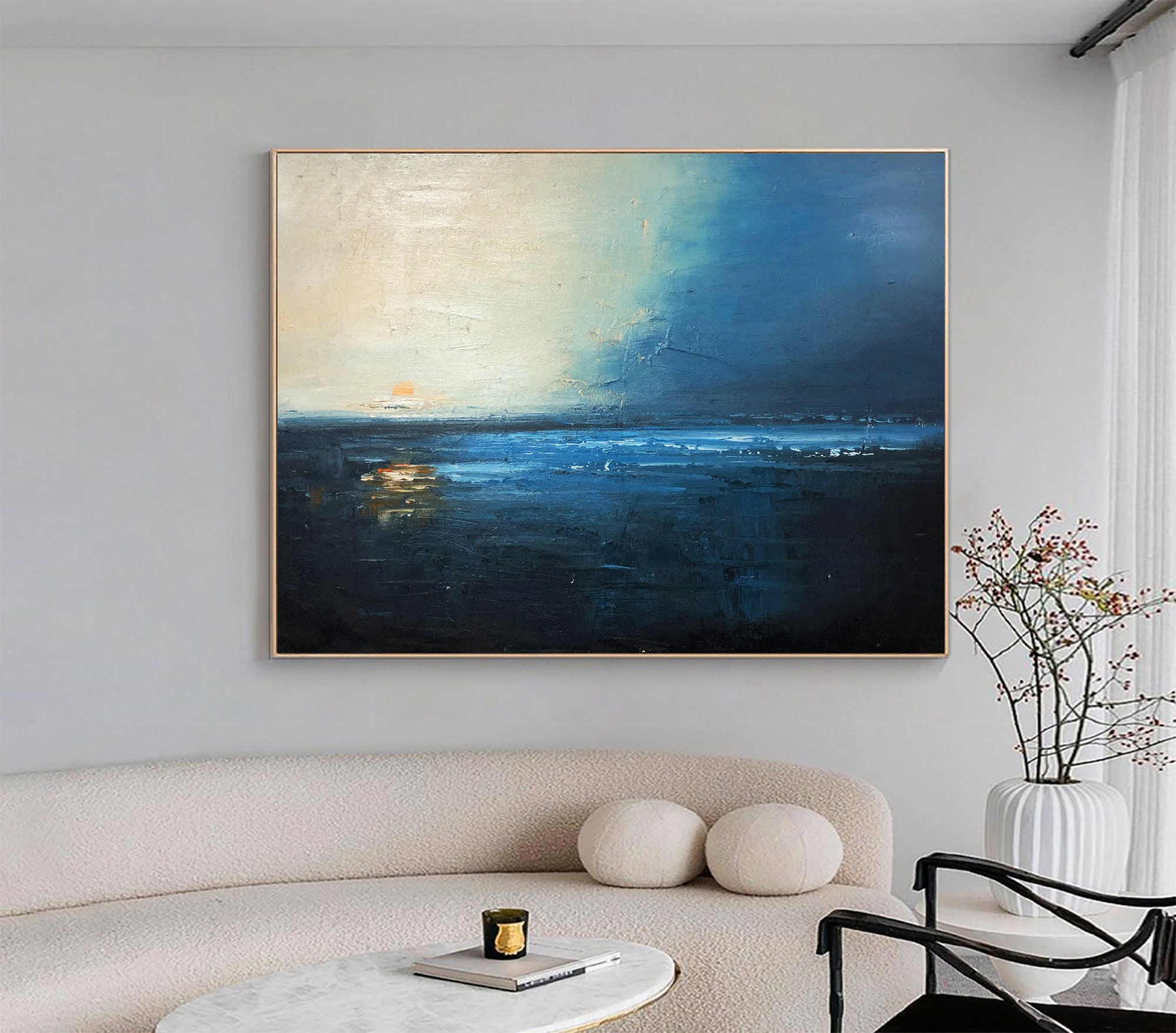 Navy Blue Ocean Abstract Oil Painting on Canvas Large Sky Landscape ...
