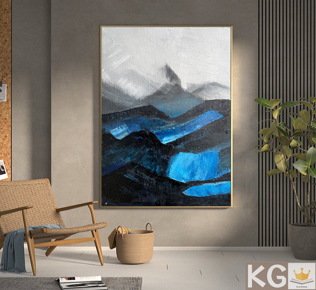 Blue Landscape Painting Black Abstract Wall Art Blue Mountains