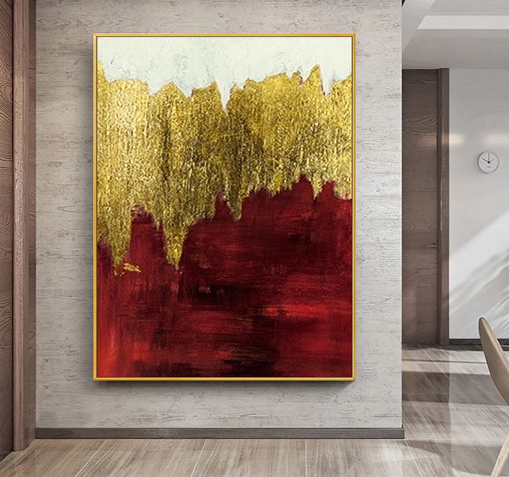 金箔の質感のある壁アート、赤と金の抽象的な油絵、金の侘び寂び