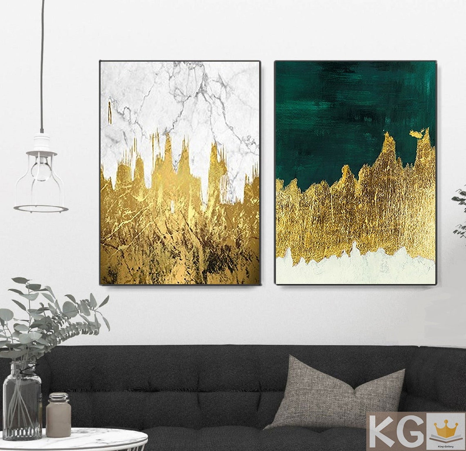 Emerald Green Abstract Painting Set of 2 White Gold Foil Etsy