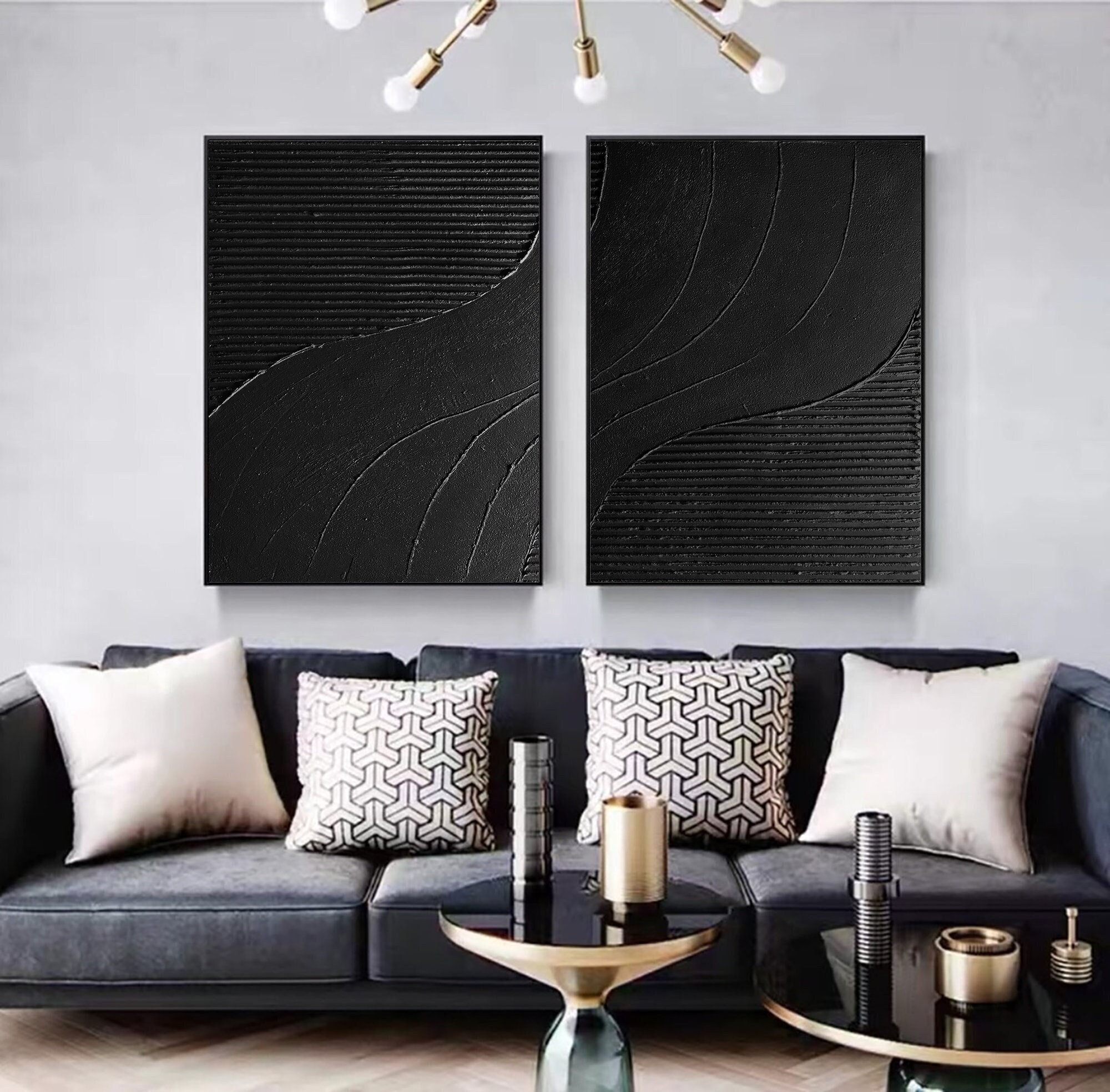 Large Black Wabi Sabi Canvas Painting Black Abstract Art Set of 2 Black ...