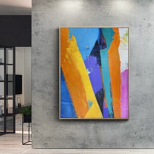 Large Wall Art Abstract Painting,Orange Abstract Painting,Blue Painting,Blue Abstract Painting,Yellow Textured Painting,Minimalist Painting image 4