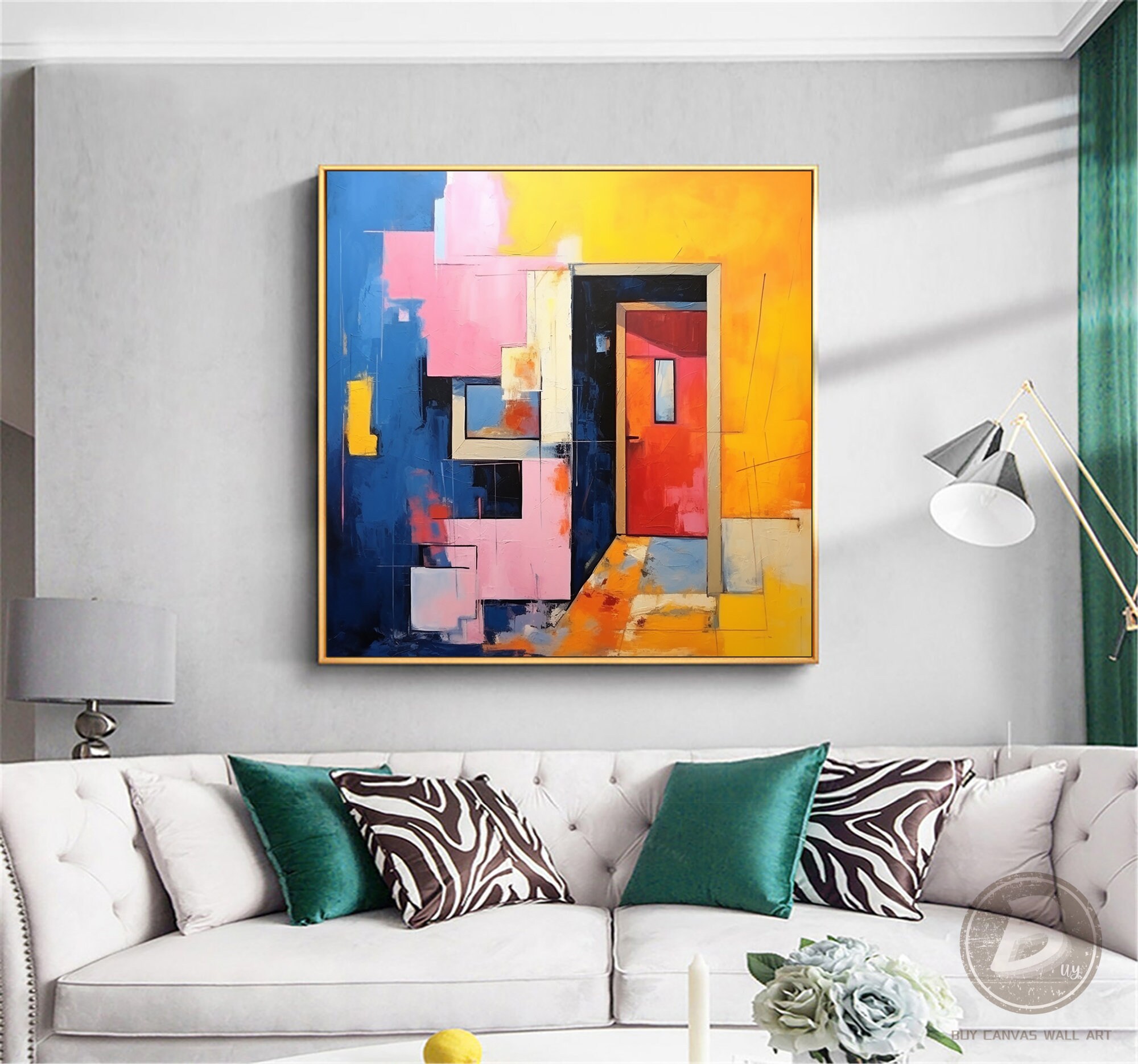 キャンバスに描かれた大きな抽象油絵 ミニマリストのドアの絵 建物の絵