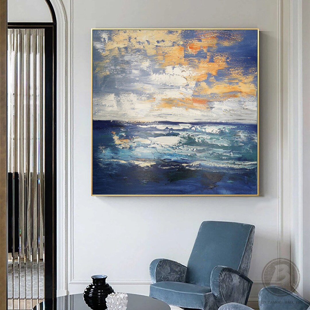 Large Sea and Sky Abstract Oil Painting Blue Ocean Waves Textured Wall ...