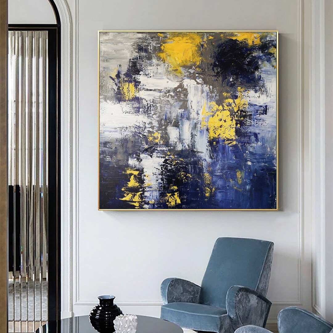 Blue White Abstract Wall Art Gray White Canvas Art Gold Leaf Etsy