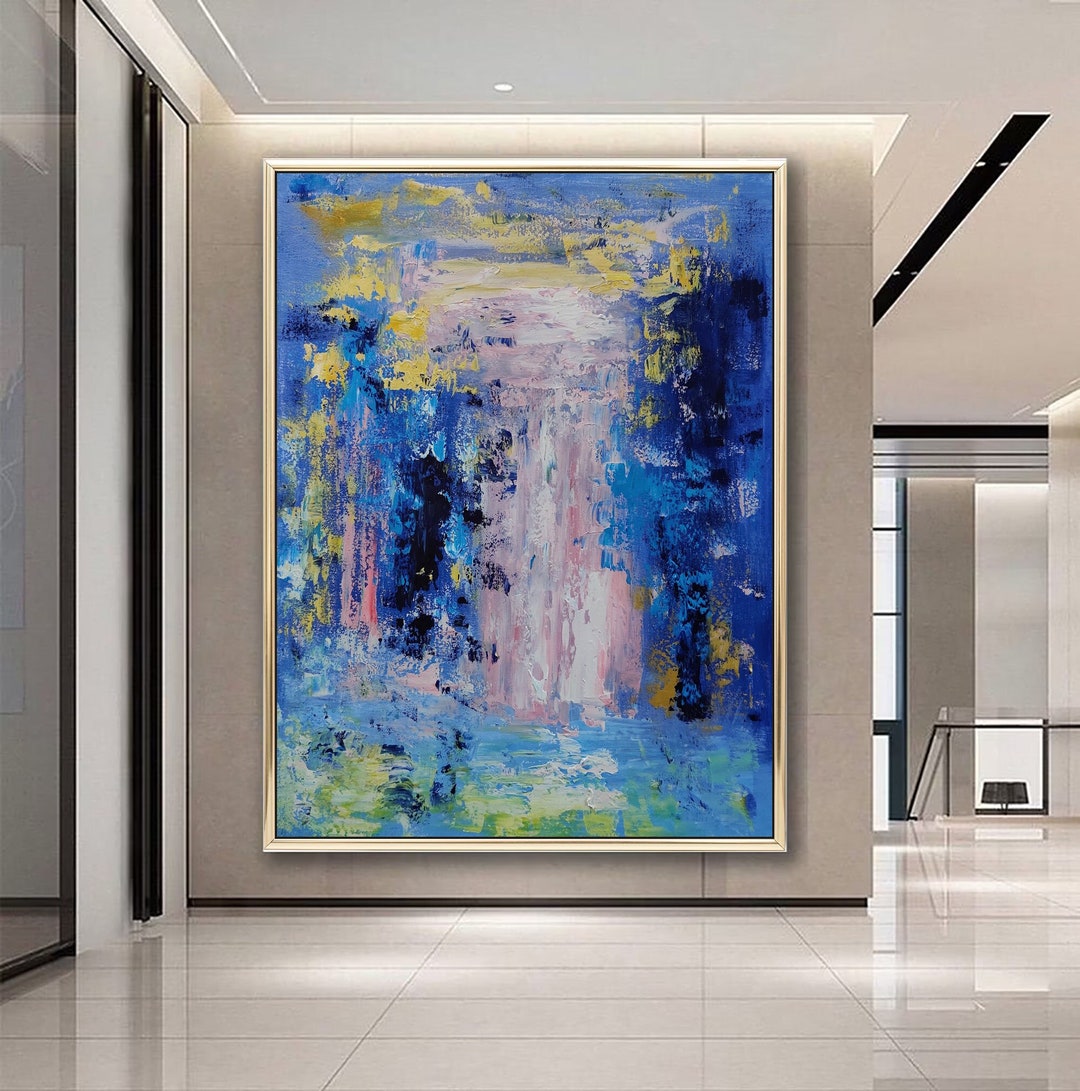 Original Blue Abstract Canvas Wall Art Blue Abstract Painting Pink