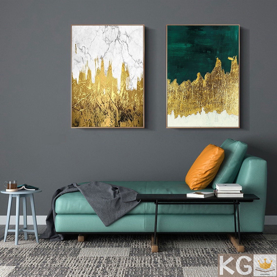 Emerald Green Abstract Painting Set of 2 White Gold Foil Etsy