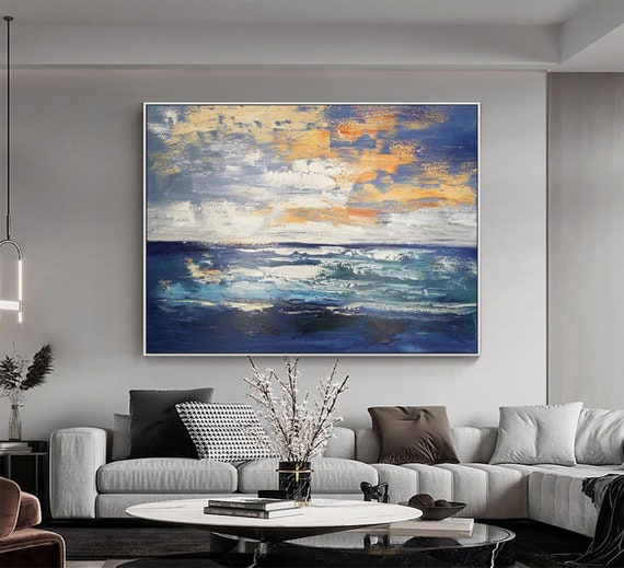 Original ocean abstract art,blue ocean painting,white waves painting,large sky landscape painting,large sunset painting,ocean canvas art