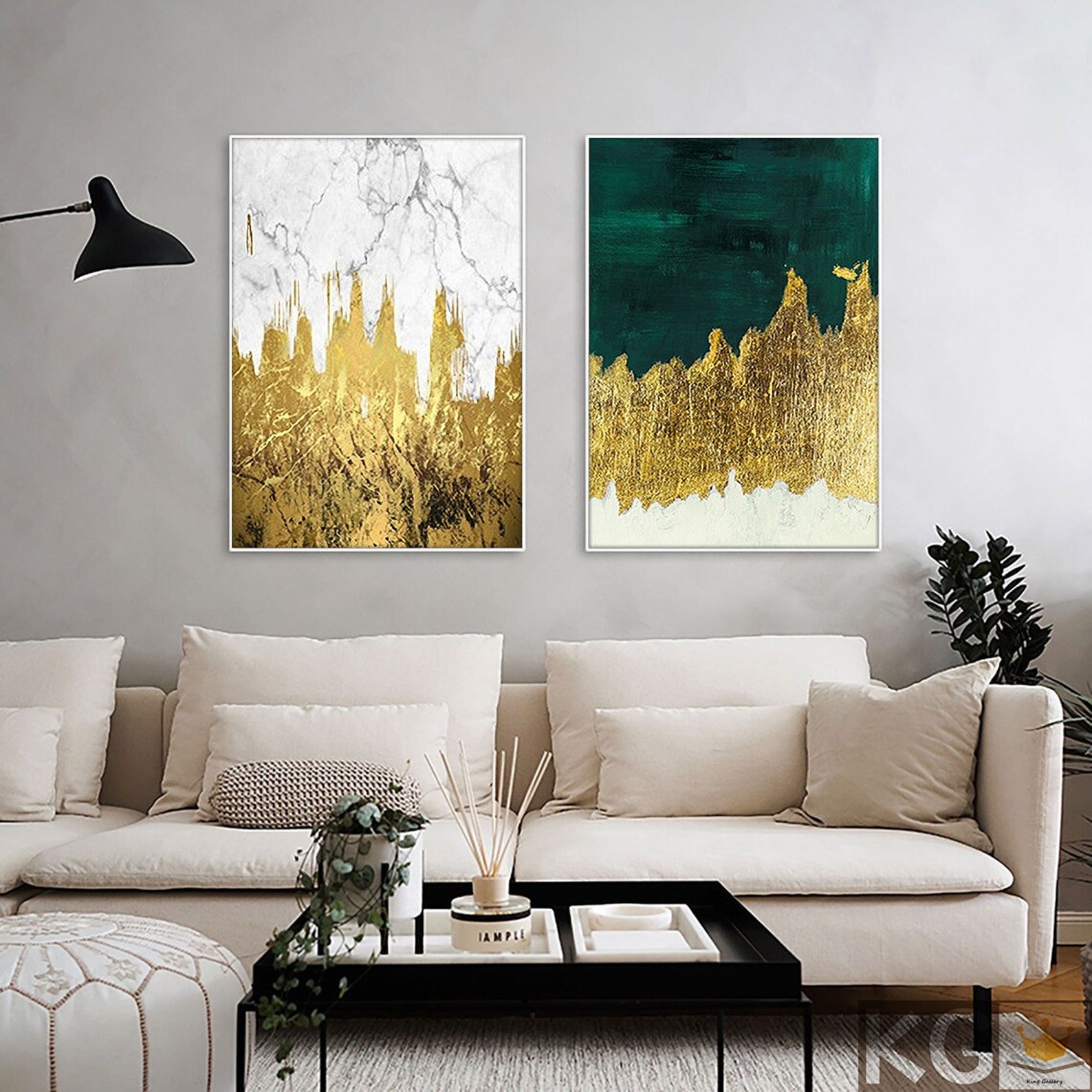 Emerald Green Abstract Painting Set of 2 White Gold Foil Etsy