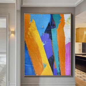 Large Wall Art Abstract Painting,Orange Abstract Painting,Blue Painting,Blue Abstract Painting,Yellow Textured Painting,Minimalist Painting image 6