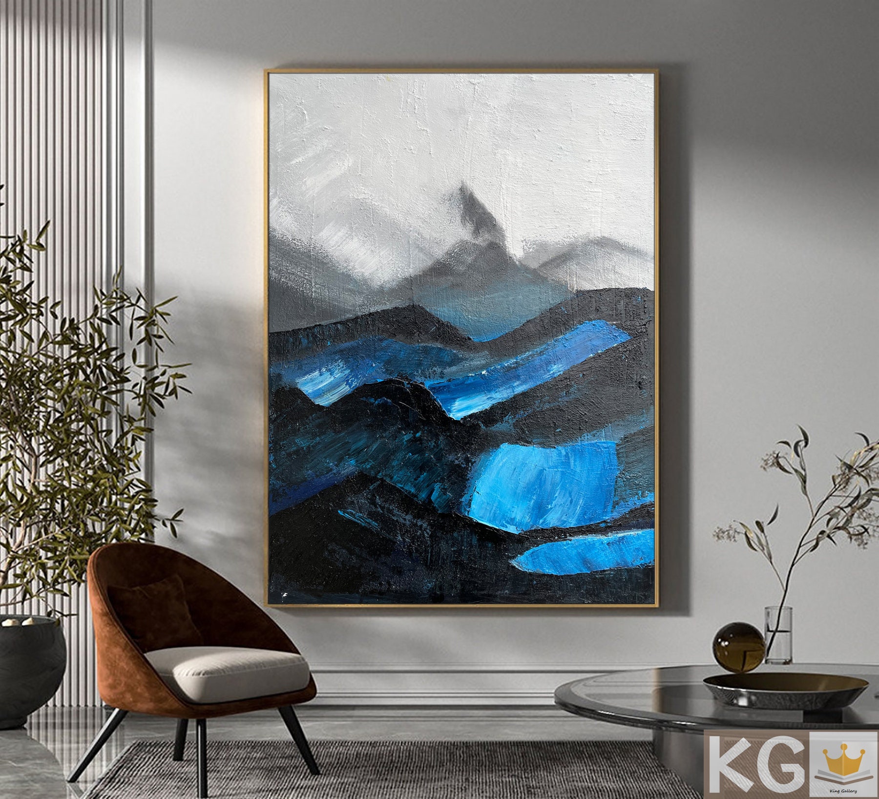 Blue Landscape Painting Black Abstract Wall Art Blue Mountains Etsy