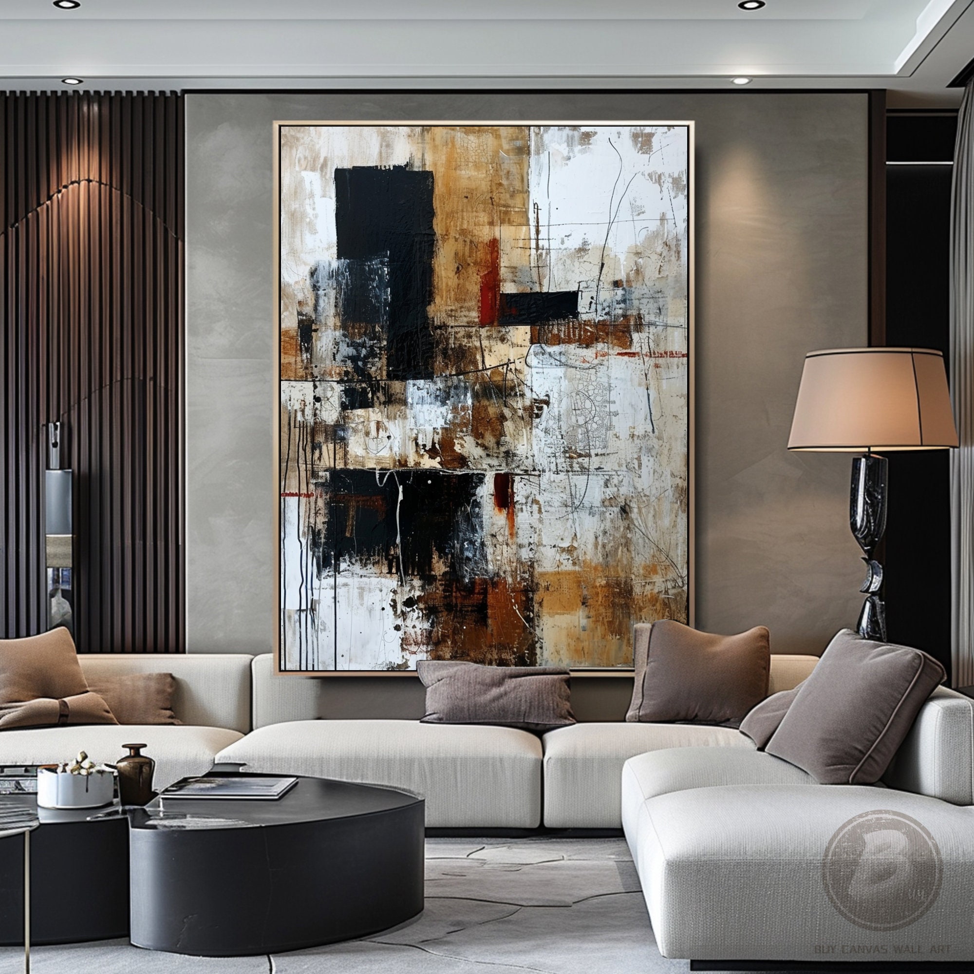 Wabi Sabi Wall Art Light Brown Minimalist Abstract Painting Black White ...