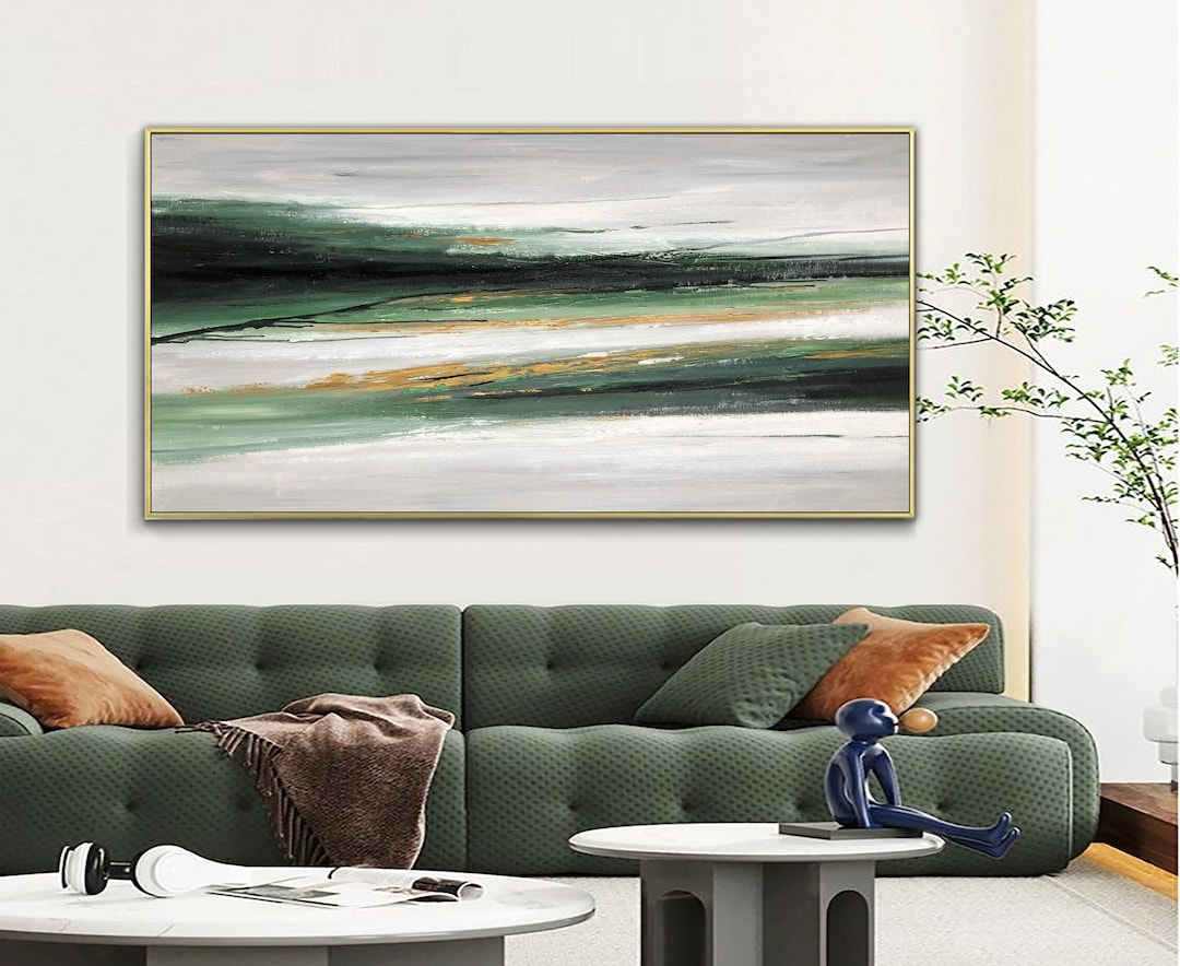 Large Green Abstract Painting Nordic Living Room Wall Decor Gray White ...