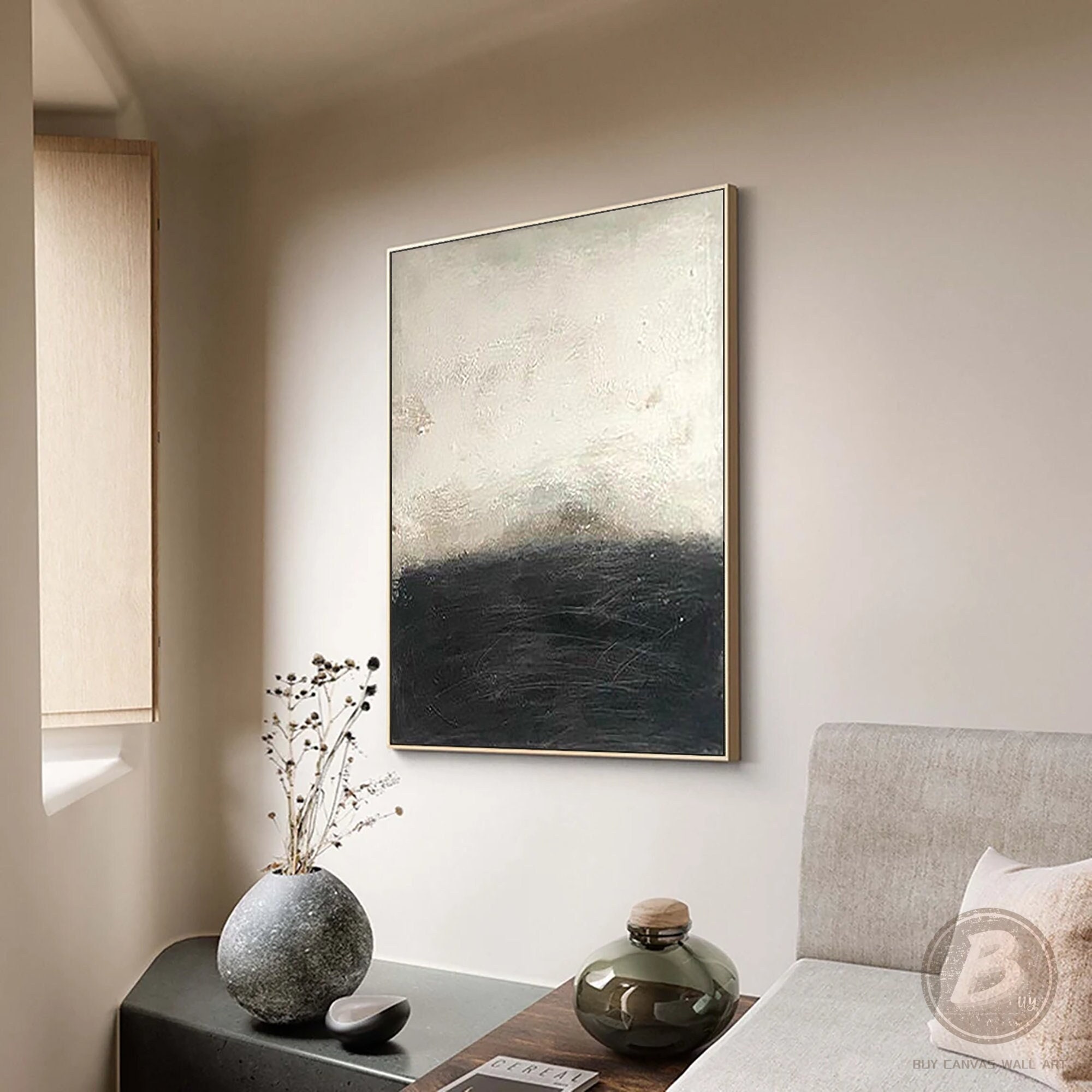 Art mural wabi sabi noir et blanc, peinture à l'huile abstraite minimaliste noir blanc, toile texturée noir blanc, décoration murale abstraite beige blanc