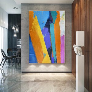 Large Wall Art Abstract Painting,Orange Abstract Painting,Blue Painting,Blue Abstract Painting,Yellow Textured Painting,Minimalist Painting image 2