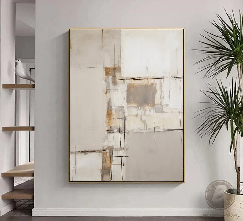 Large Beige Abstract Oil Painting on Canvas Beige White Minimalist ...