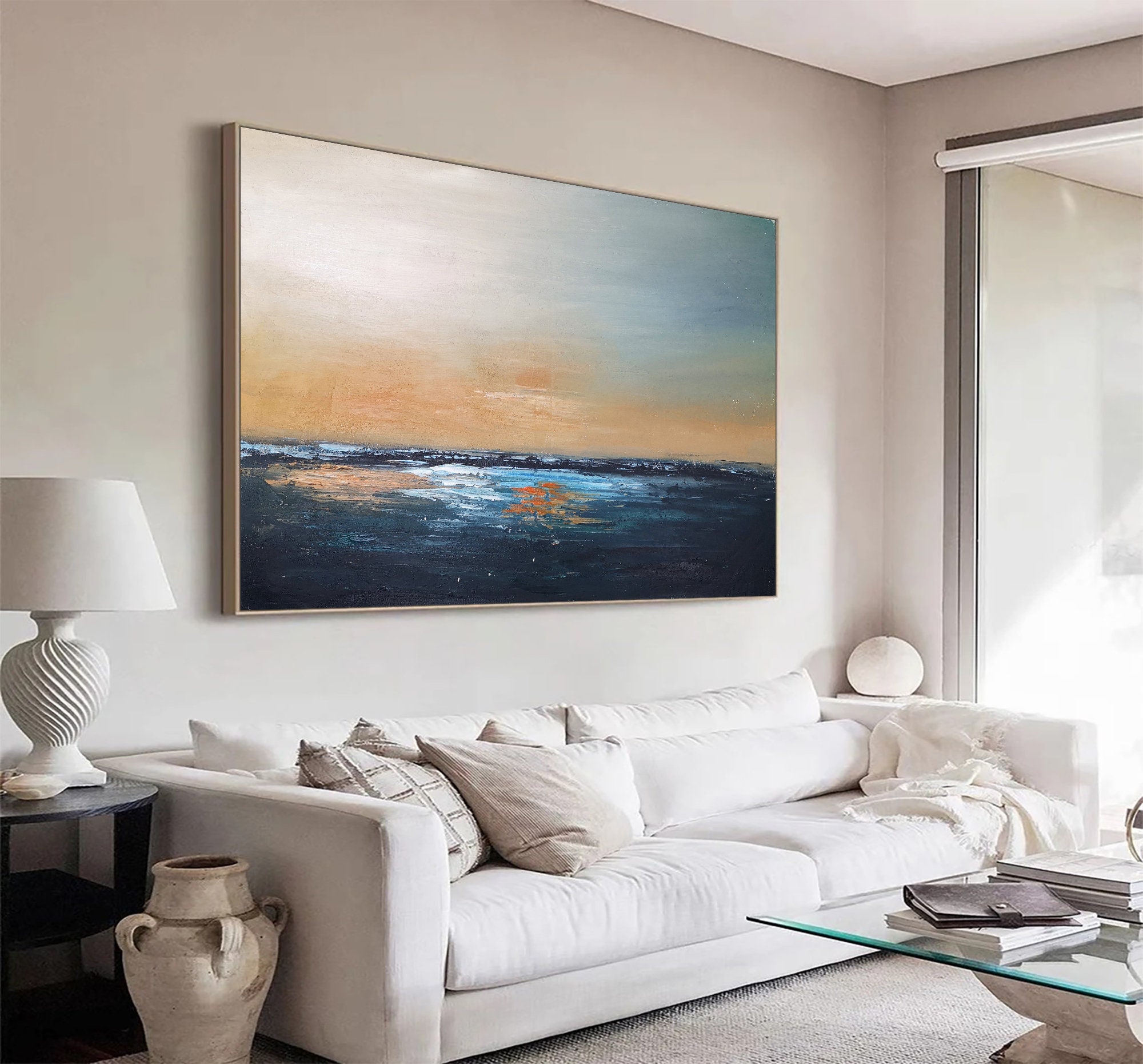 Large Sunset Ocean Landscape Oil Painting,blue Sea Abstract Painting on ...