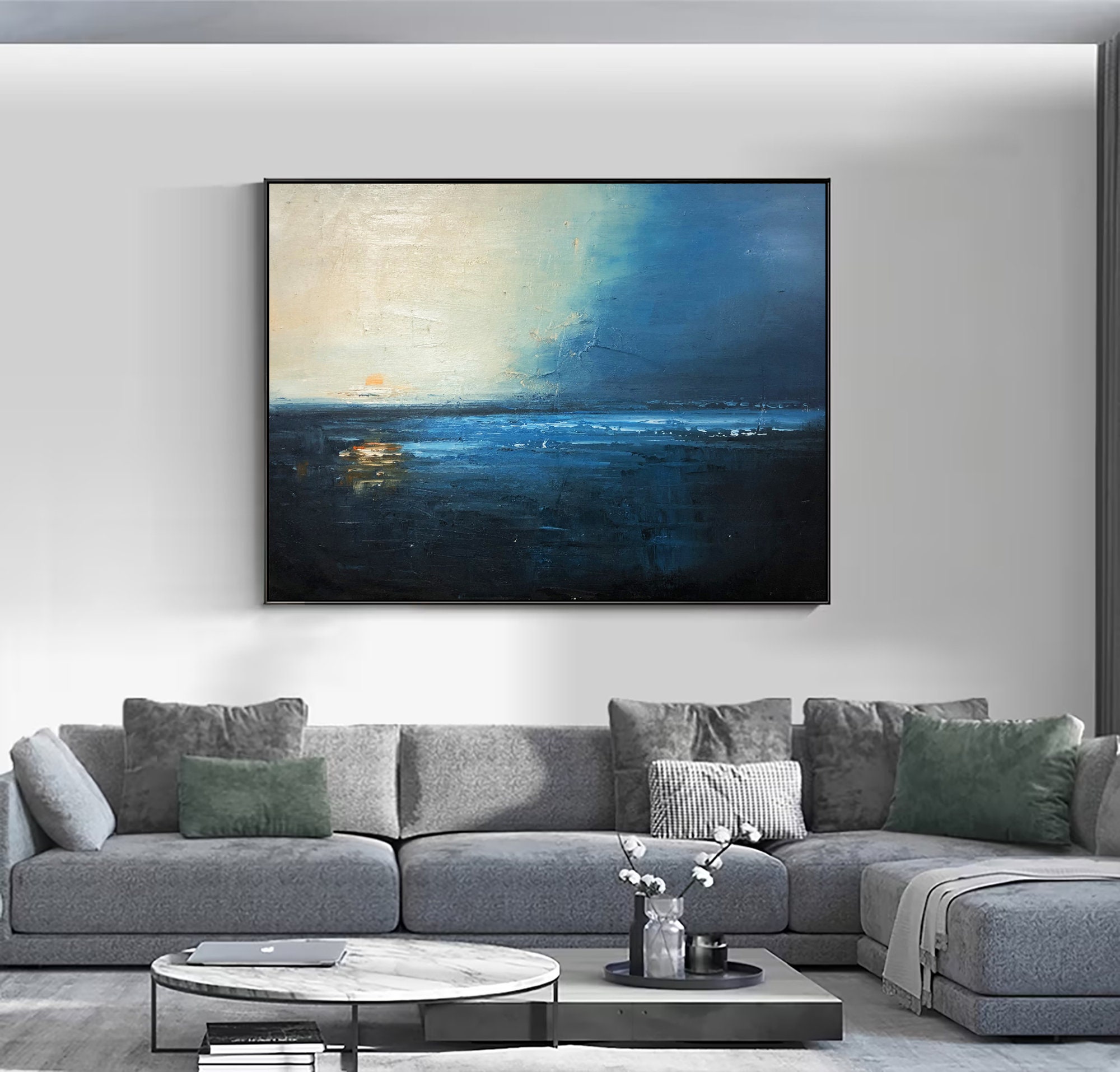 Navy Blue Ocean Abstract Oil Painting on Canvas Large Sky Landscape ...