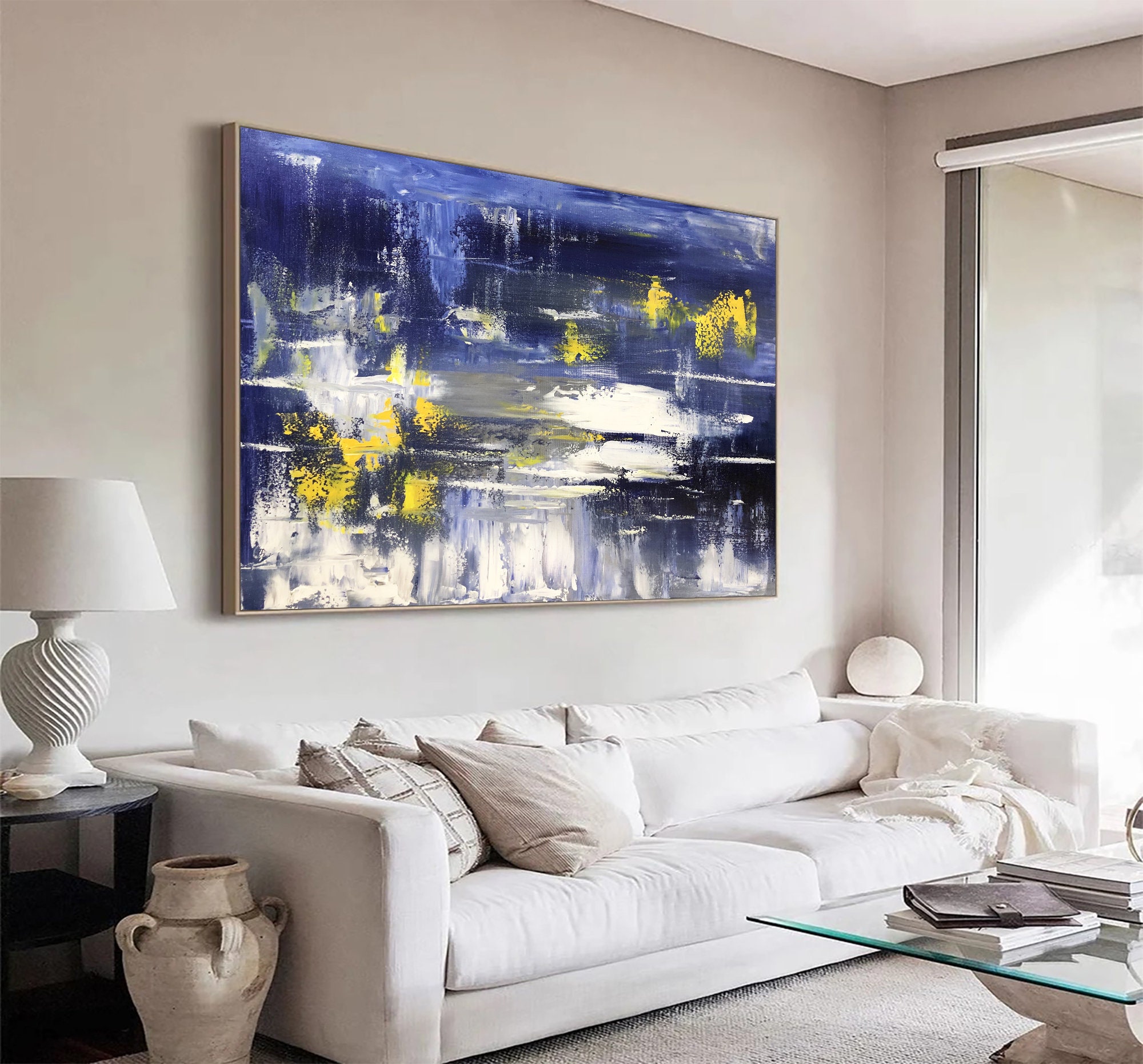 Original Dark Blue Abstract Painting White Textured Wall Art Large Blue ...