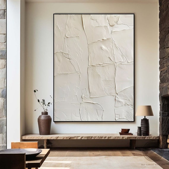 Peinture Mural Texturée 3D Beige Sur Toile - 80 X 120 Cm - Style Wabi Sabi Minimaliste - Décor Murale Moderne Sans Cadre
