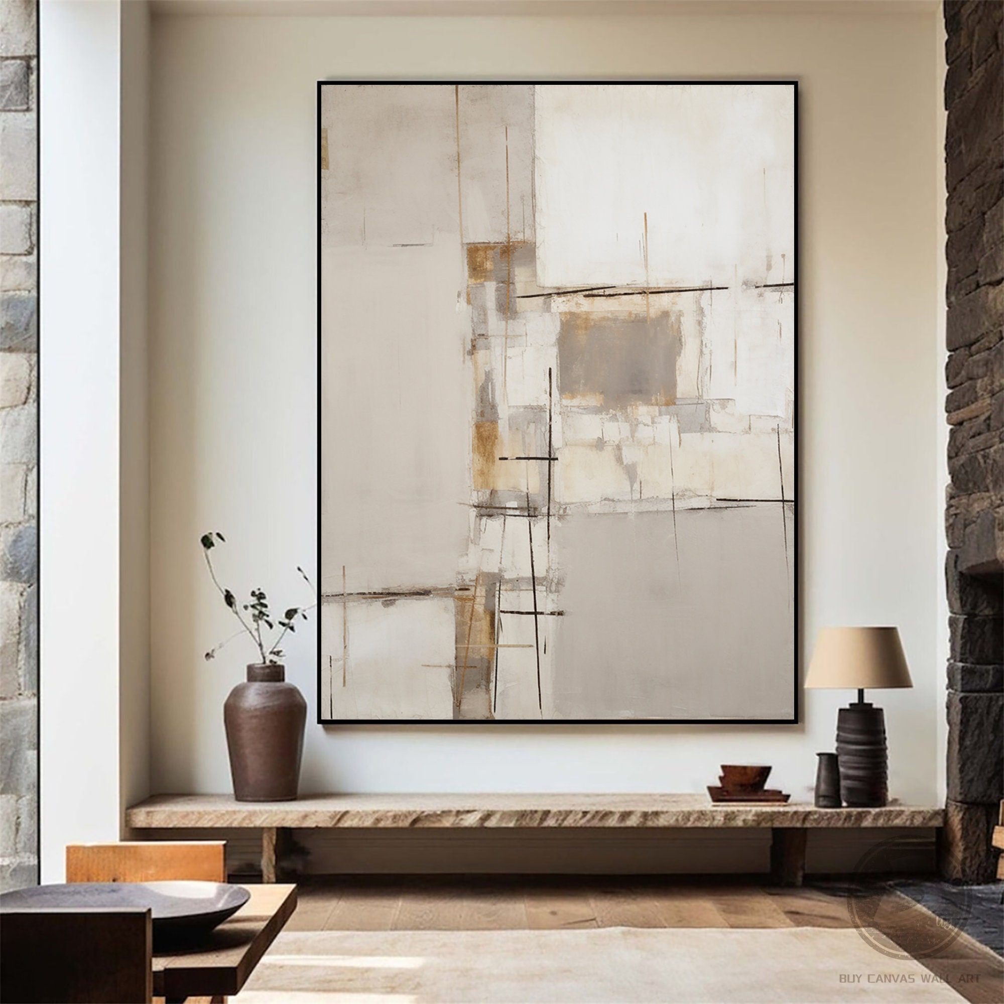 Large Beige Abstract Oil Painting on Canvas Beige White Minimalist ...
