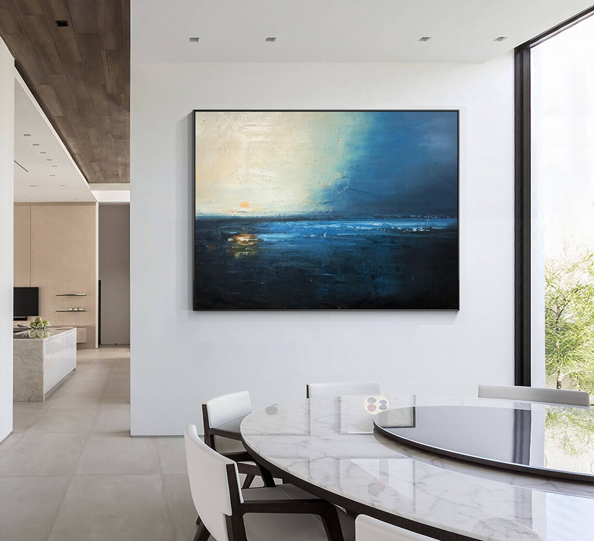 Navy Blue Ocean Abstract Oil Painting on Canvas Large Sky Landscape ...
