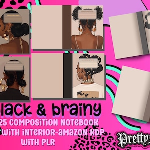 May include: Four black and white notebook covers with a woman's face on each. The covers are 7.5 x 9.25 inches and include interior pages for Amazon KDP with PLR.
