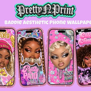 May include: Four digital phone wallpaper designs featuring stylized illustrations of individuals with diverse hairstyles and makeup. The graphics include text such as 90's BABY, Pretty & PAID, MOOD ALWAYS, and Cute & Chaotic, set against vibrant pink backgrounds.