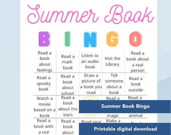 May include: Summer Book Bingo printable game card with a colorful design. The card features a grid with various reading challenges, such as "Read a book about feelings", "Read a book about the stars", and "Read a book outside".