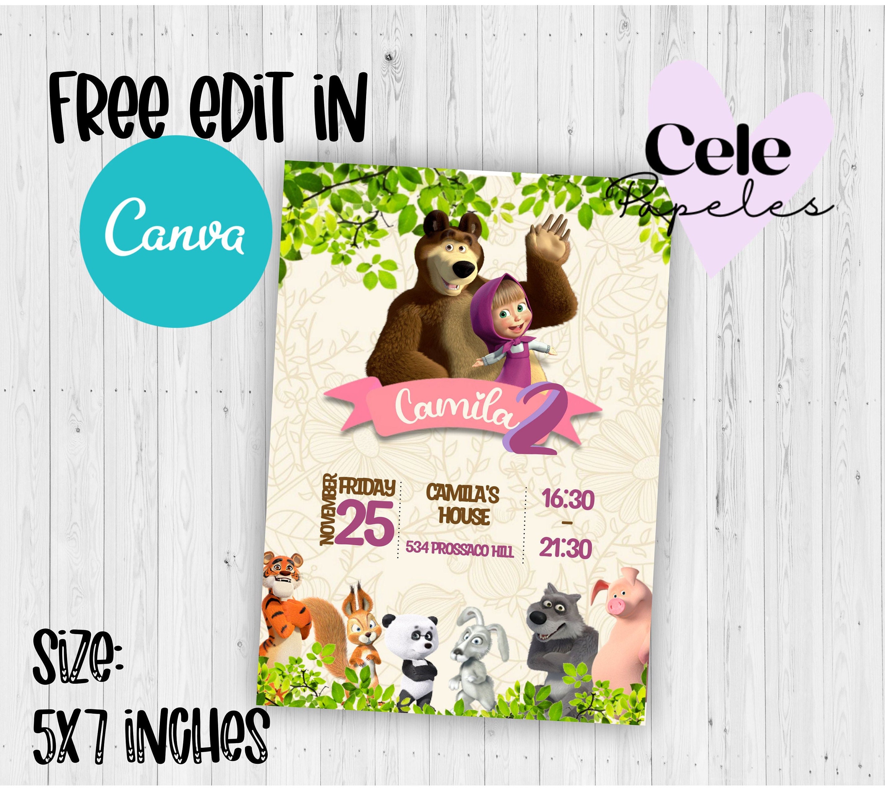 Printable and mobile masha and the bear birthday invitation - Etsy México