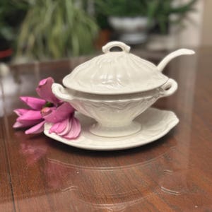 Antique White Ironstone Tureen Set With Lid and Tray – Ornate Wheat Pattern Serving Piece