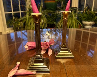 Neoclassical Regency Era Vintage Fluted Column Brass Candleholder Set
