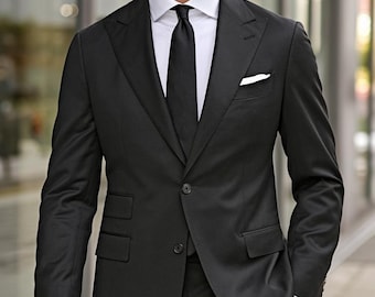 Black 2-Piece Suit, Single Breasted Peak Lapel, Satin Lining