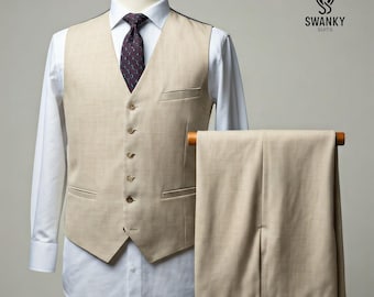 Men's Vintage Beige Linen Suit: Vest and Pant Set