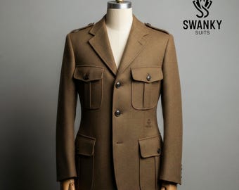 Classic Brown Tweed Safari Jacket, Four Pocket Travel Coat