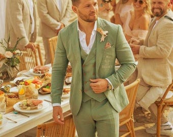 Groomsmen&#39;s Wedding Green Linen 3 Piece Suit Patch Pockets for Men Summer Wedding, Ceremony, Casual Linen Suit for Men.