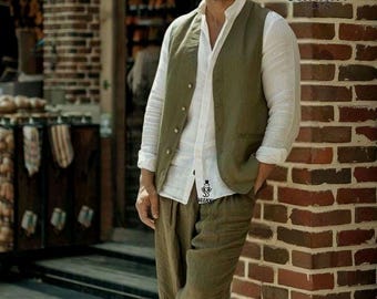 Men's Classic Olive Green Linen Suit: Vest and Pant Set