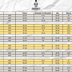 May include: A size chart for suits, featuring measurements for chest, shoulder, hip, sleeve, and length in inches. Sizes range from 34R to 4XL, with detailed size specifications for each.